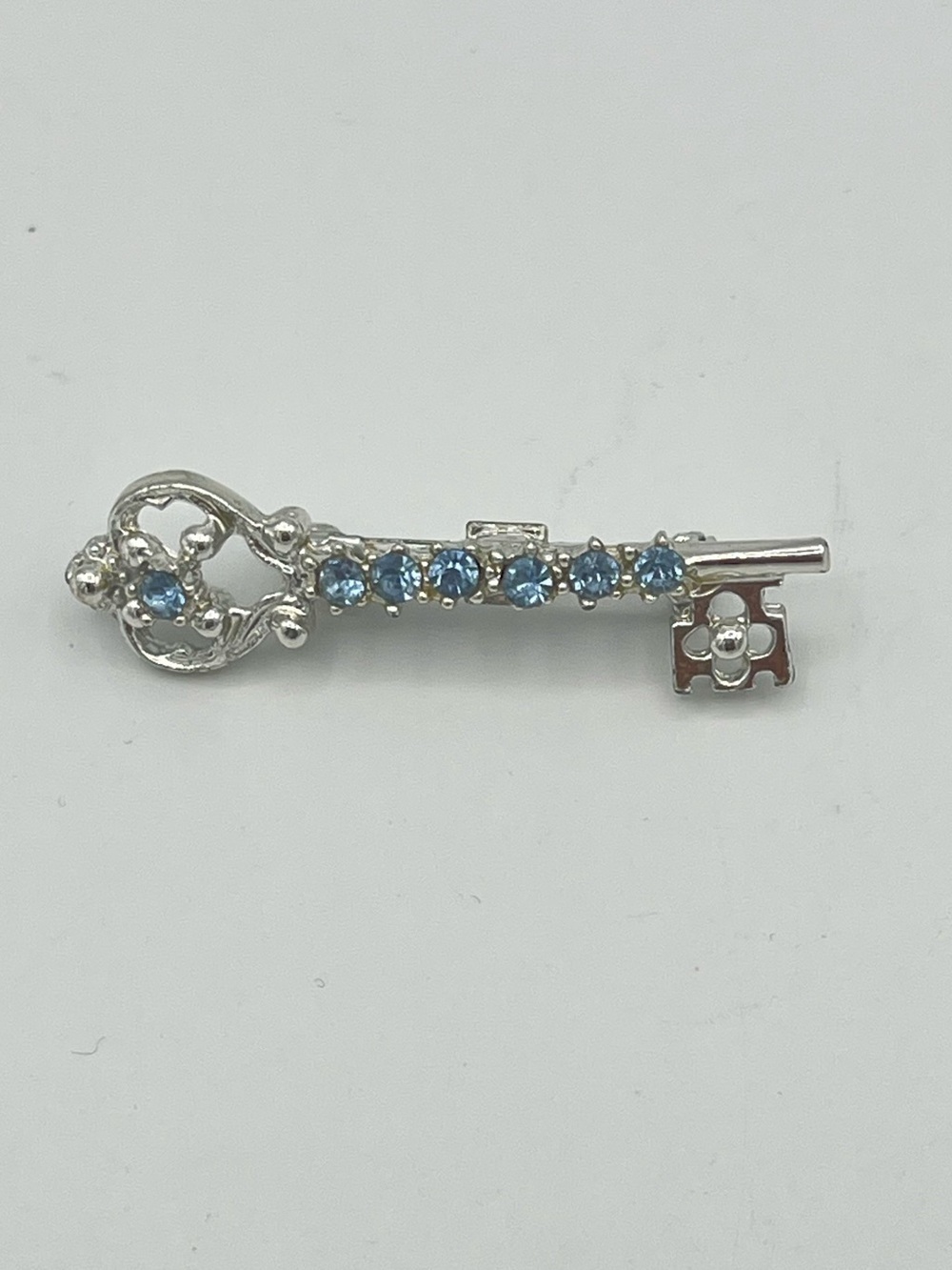 Silver Tone Blue Rhinestone Vintage Key Brooch Pin